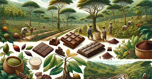 An illustrated scene depicting various stages of cacao cultivation and processing. Farmers are shown working in lush, green fields with cacao trees.