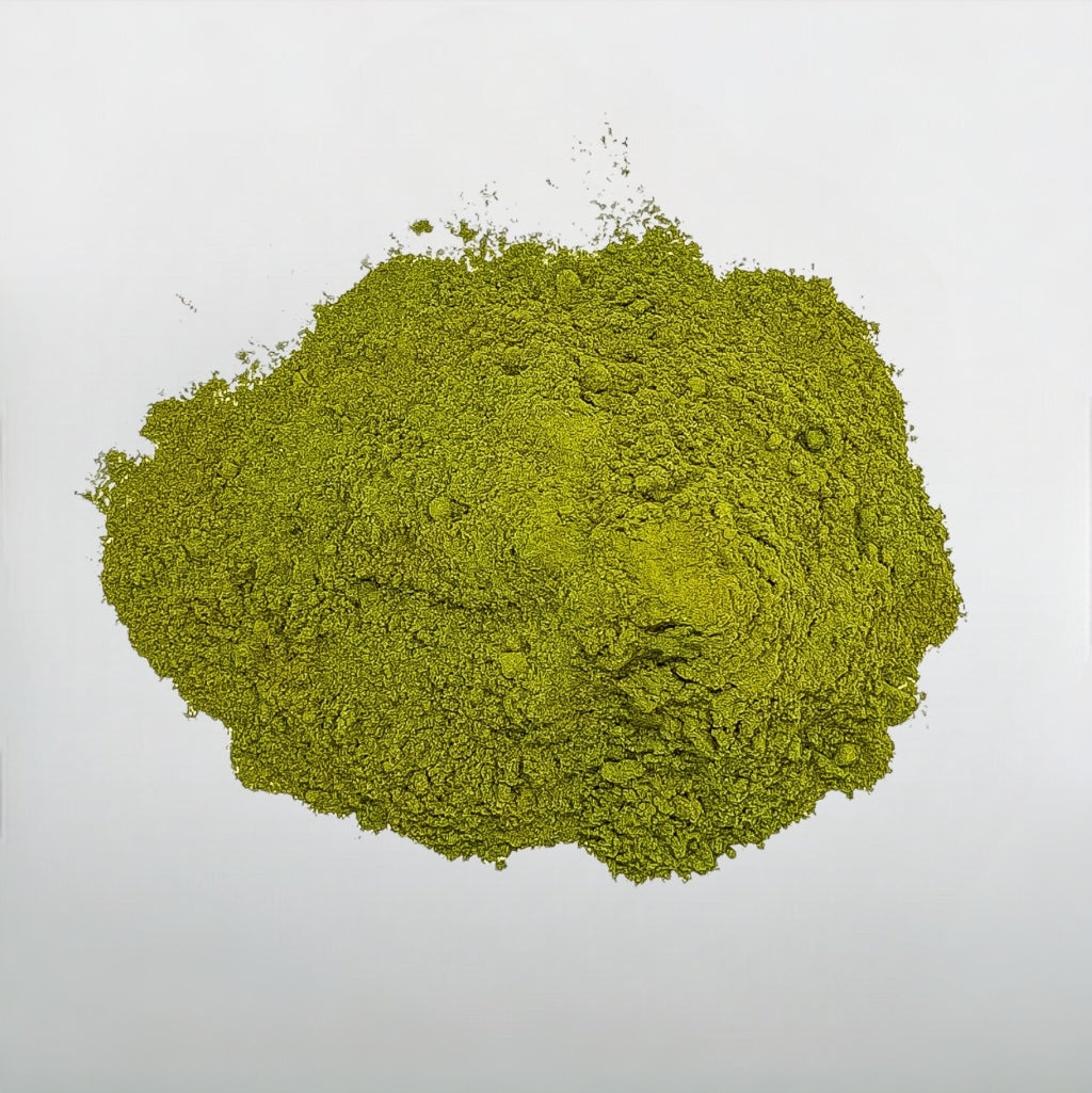 Finely ground Moringa powder, highlighting its rich green color and smooth texture.