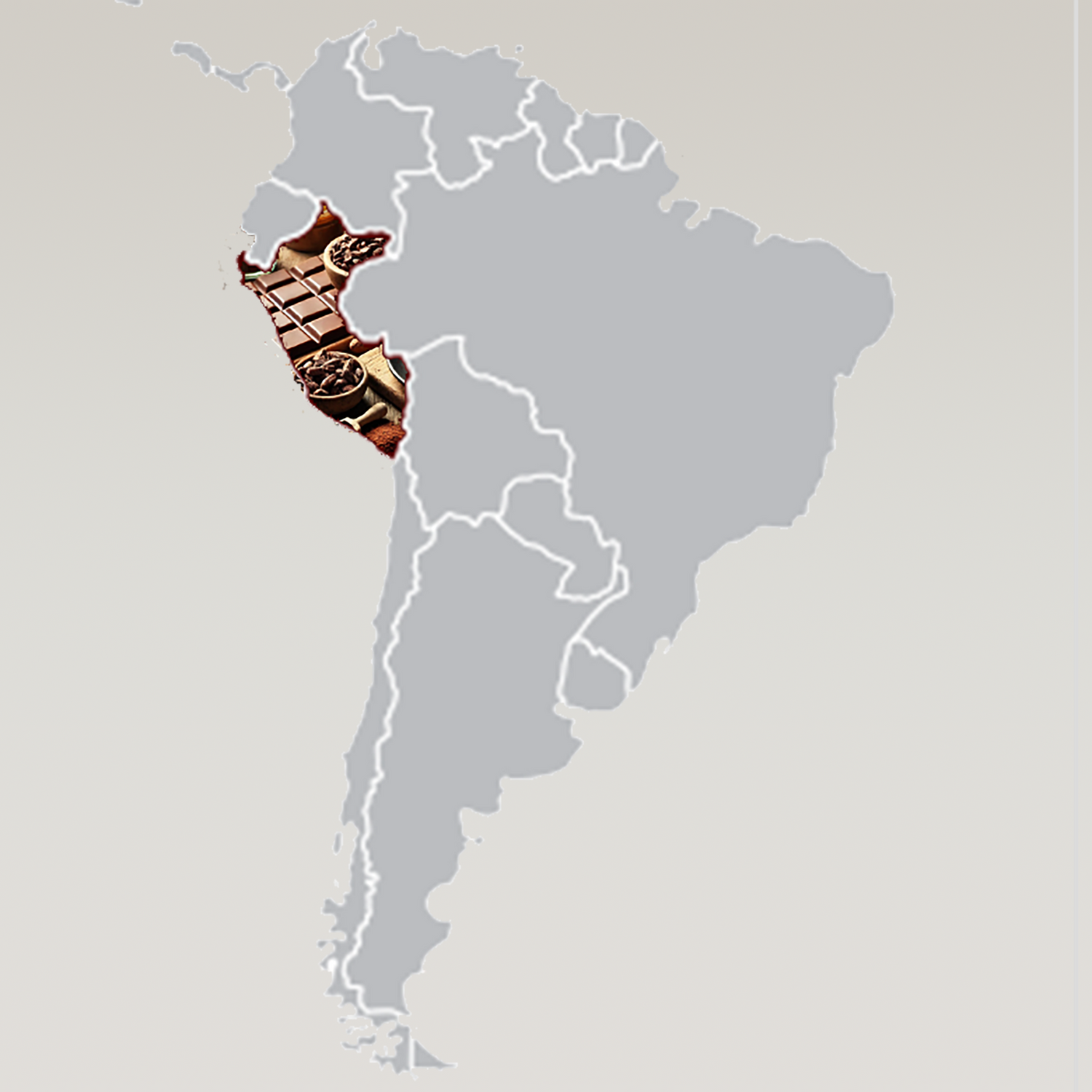  map of South America with Peru highlighted to visually represent the sourcing areas for cacao in Peru for Sierra Naturals. This image emphasizes Peru as a significant cocoa supplier