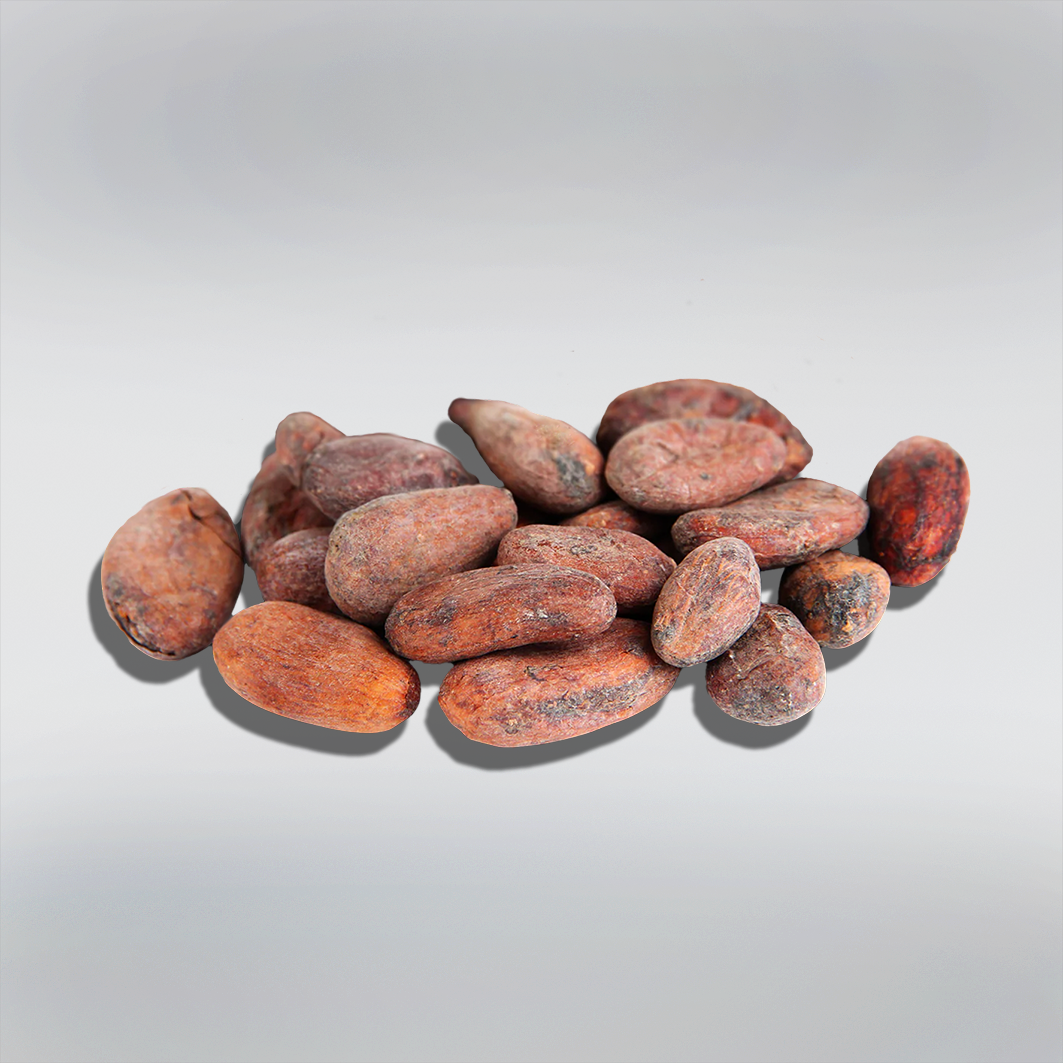 Raw Cacao Beans: A close-up of raw cacao beans, showcasing their natural, unprocessed state with a rough, textured surface and rich brown color.