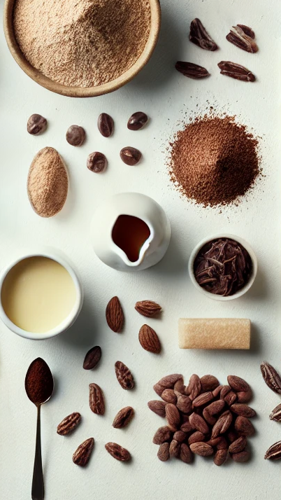 A top-down view of various cacao products neatly arranged on a white surface. The assortment includes whole cacao beans, cacao powder, cacao butter, white chocolate, dark chocolate squares, and milk chocolate bars. There are also bowls and spoons filled with different cacao forms, emphasizing the diversity and natural quality of the products