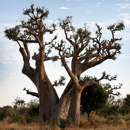 A majestic Baobab tree with its broad trunk and lush canopy, illustrating the source of the nourishing Baobab oil.