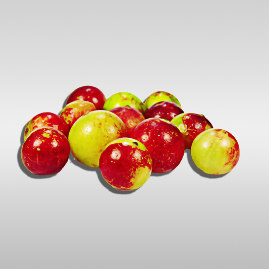 Close-up of Camu Camu fruits, showcasing their intense color and smooth surface.