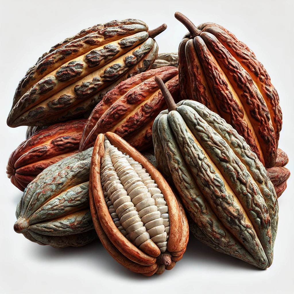 cacao pods, similar to the provided example, with detailed textures and natural colors.