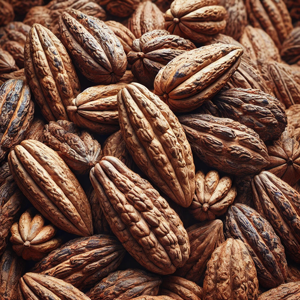 Close-up image of cacao pods filling the entire frame, emphasizing their detailed textures and natural colors.